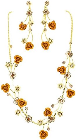 Roses with Accent Simulated Rhinestone Necklace and Earrings Set-Gold Tone