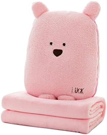 KaixinRoom Multifunctional 3 In 1 Cute Plush Square Bear Throw Pillow Blanket Set With Hand Warmer Pocket (Pink)