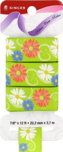 SINGER Grosgrain Ribbon, 7/8-Inch 12-Feet, Daisies Floral Print, Spring Green