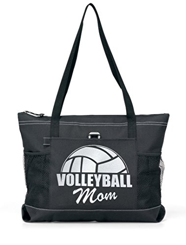 Volleyball Mom Tote. White Glitter Letters and Half Ball on a Large Black Tote