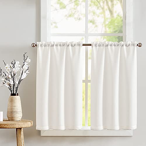 Photo 1 of jinchan Kitchen Curtains 36 Inch Linen Textured Cafe Tier Curtains for Living Room Bathroom Farmhouse Half Window Set Light Filtering Rod Pocket Drapes for Small Windows 2 Panels White