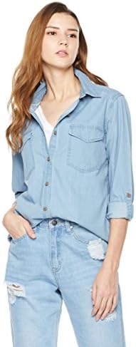 Lily Parker Women's Basic Classic Long Sleeve Denim Chambray Shirt TS1101 Large Light Blue