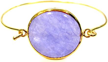Lavender jade embeded pendant bangle bracelet 18k yellow gold plated Size 2.5" by 2" oval 7 3/4" around