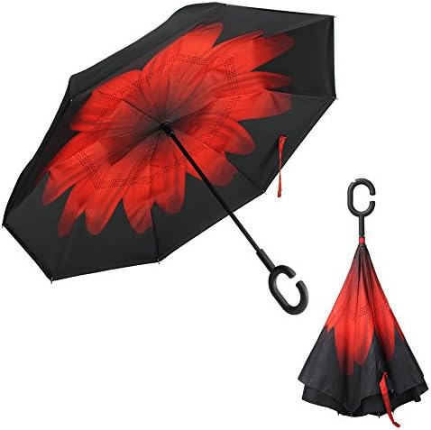 Double Layer Inverted Umbrella Cars Reverse Umbrella, Windproof UV Protection Big Straight Hands Free Umbrella Inside Out Compact Travel Umbrella for Car Rain Outdoor With C-Shaped Loop Handle