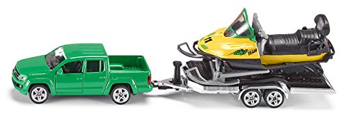 siku 2548, Pick-Up mit Anhänger und Snowmobil, 1:55, Metall/Kunststoff, Grün/Gelb, Kippbarer Anhänger