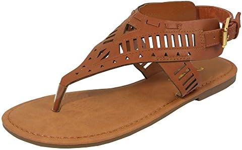Iynx Women's Laser Cut Strappy Thong Toe Flat Sandal (7 B(M) US, Tan)
