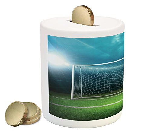 Soccer Piggy Bank by Ambesonne, Soccer Goal Post Sports Area Winner Loser Line Floodlit Best Team Finals Game Theme, Printed Ceramic Coin Bank Money Box for Cash Saving, Green Blue - Thumbnail 4