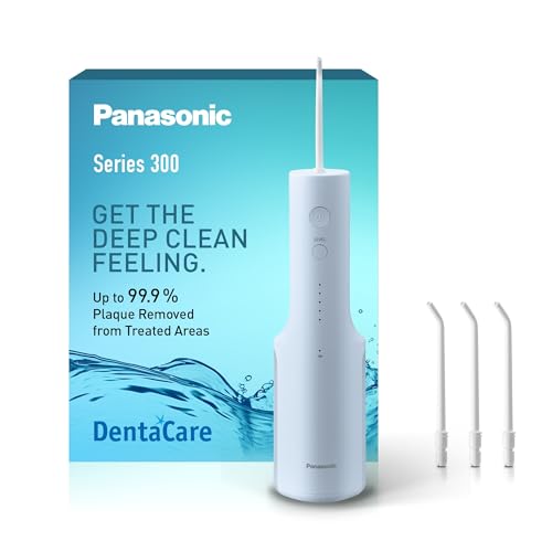 Panasonic Series 300 Hydropulseur Dentaire Ultrasonique EW-DJ27-A303, Jet dentaire, Irrigateur Oral, 200ml, IPX7, 4 Embouts Standard, 5 Réglages de Pression, Accessoire de Voyage, Bleu