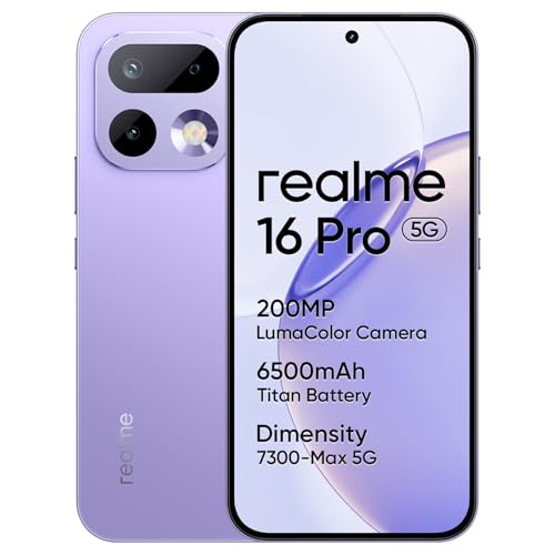realme 16 Pro 5G Smartphone, 8GB+512GB, 144Hz AMOLED Display 6.78, Battery 6500mAh, Camera 200MP OIS, IP69K, 45W Fast Charge, Dual SIM, Next AI，Purple（No Adapter）