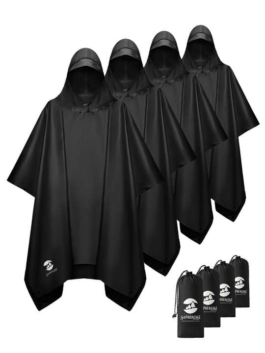 SaphiRose Hooded Rain Poncho Waterproof Raincoat Jacket for Men Women Adults (Black 4 Pack) Image