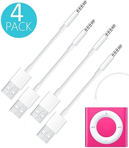 iPod Shuffle Short Cable, 4-Pack 3.5mm Jack / Plug to USB Power Charger Sync Data Transfer Cable for iPod Shuffle 3rd 4th MP3/MP4 (WHITE, 4 PACK)