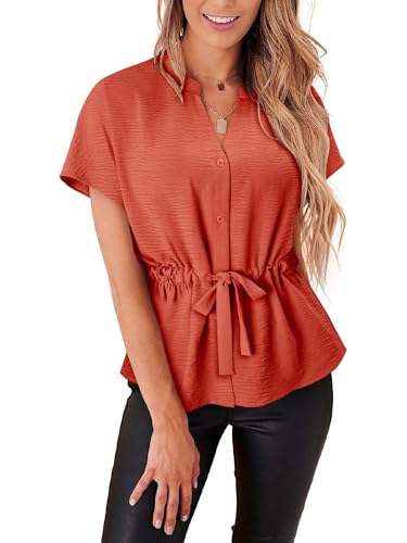 Womens Short Sleeve Blouses Bright Flounce Hem Shirts Orange Red 3XL at Amazon