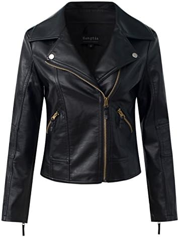 Sungtin Women's Black Faux Leather Motorcycle Biker Short Jacket Coat Small PY1