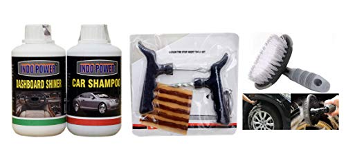 INDOPOWER KG949-CAR Shampoo 250ml+ + Dashboard Shiner 250ml+ Tubelass Smart Panchar Kit.+All Tyre Cleaning Brush