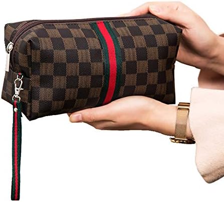 JIUSHIWO,Luxury Flower Pattern Checkered PU Leather Shaver Cosmetic Travel Toiletry Bag (Brown Checkered)