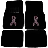 CarsCover Pink Ribbon Breast Cancer Awareness Crystal Diamond Bling Rhinestone Studded Carpet Car SUV Truck Floor Mats 4 PCS
