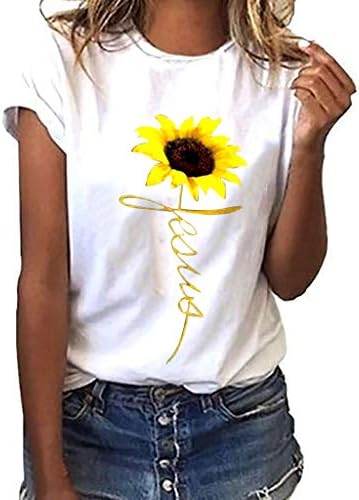 Plus Size Sunflower Printed T Shirts Womens Casual Short Sleeve Tees Summer Loose Blouse Tops Pocciol