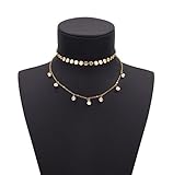 Geerier Stunning Double Layer Coin Choker Necklace Dangle Synthetic Diamond Beads