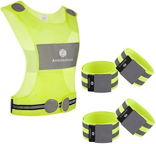 Reflective Running Vest and 4 Reflective Arm bands : Lightweight Running Vest Reflector set : Hi Viz Women & Men Reflective Running Gear with Pockets: Ideal Biking Vest & Reflective Leg Bands set
