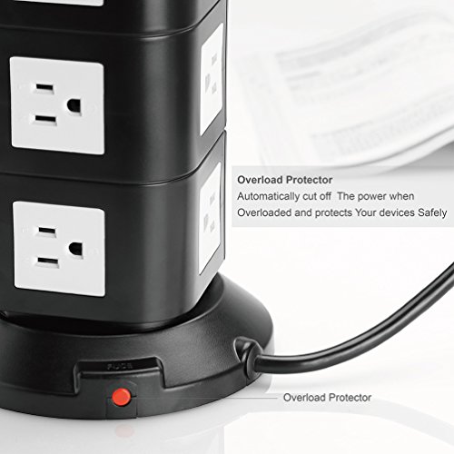Safemore Surge Protector Power Strip 10-Outlet with 4-USB Multiple Outlets Tower Socket 6.5ft Long Cord 3 Prong Plug Universal Charging Station for Office (Black and White) - Thumbnail 4