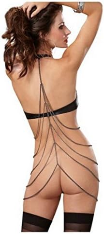 FairyDreamy Women Sexy Lingerie Nightclub Nightwear Dress Patent Leather Chain Back Bodysuit Pole Dancing Bodycon Clubwear One-Piece Sets (One Size, Black)