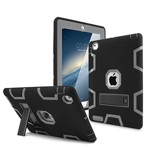 iPad 2 Case,iPad 3 Case,iPad 4 Case, AICase Kickstand Shockproof Heavy Duty High Impact Resistant Rugged Hybrid Three Layer Armor Full Body Protection Case with Stylus for iPad 2/3/4 (Black/Grey)
