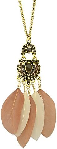 Ethnic Style Bohemian Jewelry Antique Gold Chain Brown Enamel and Feather Pendant Necklace for Women Accessories