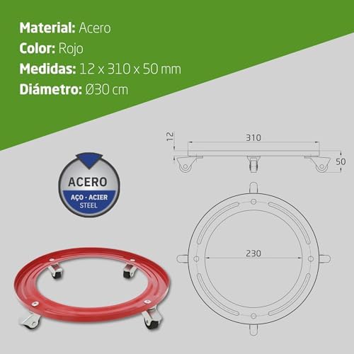 - Suporte para cilindros de butano - Carrinho de transporte com 4 rodas girais - Diâmetro Ø31cm - Carga máxima 30kg - Suporte para tambores e panelas - Cor laranja - Aço de liga