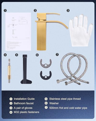 iVIGA Bathroom Faucet 175mm Low Noise Basin Faucet Stainless Steel Waterfall Mixer Tap with Hot and Cold Water Hoses Gold