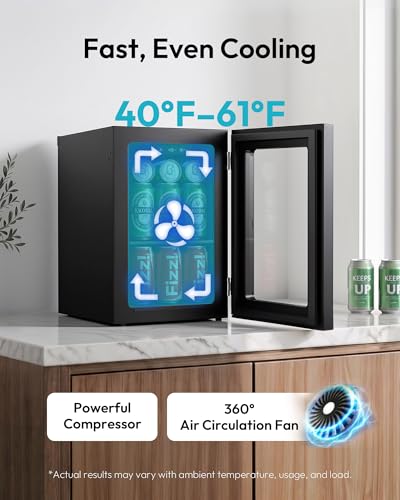 EUHOMY 18L Beverage Refrigerator Cooler, 24 Cans Mini Fridge with Quiet Compressor, Countertop Small Fridge with 40°F-61°F Digital Temperature Control, LED Lgiht for Home, Bar, Office