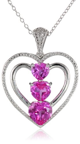 Sterling Silver, Created Pink Sapphire, and Diamond Heart Pendant Necklace, 18