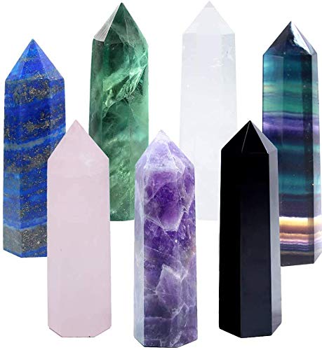 Runyangshi 7pcs Natural Crystal Healing Wands, Height 3.3"-3.5" Single Point Healing Crystal Wand 6 Faceted Reiki Chakra Stones Crystal Healing Prism for Reiki, Home Decor