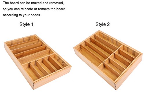 ISINO Extra Deep Wooden or Stainless Utensil Divider Tray , Non-slip Utensil Organizer , Large Utensil Holder with 10-11 Slots , Size (11.4"-20")L x 17.5"W x 2.5"H