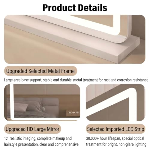 Vanity Mirror with Lights, 80 * 57CM Large Makeup Mirror with LED Lighted, Dressing Table Mirror with 3 Color Dimmable Lights, Touch Control, 5X Magnification for Wall & Desk Tabletop