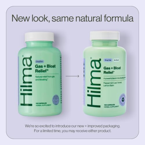 Hilma Natural Gas and Bloating Relief with Lemon Balm, Fennel & Peppermint Leaf, Doctor Formulated with Organic Ingredients, 100 Vegan Capsules