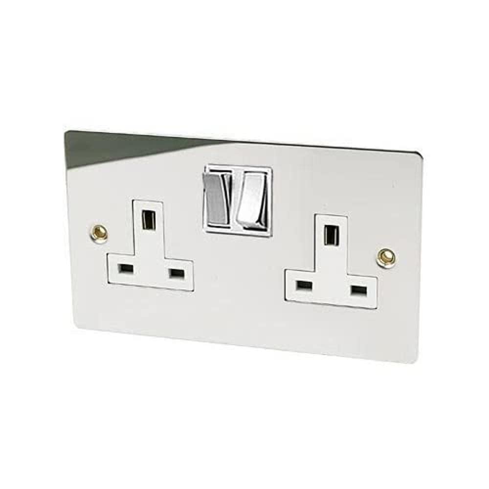 A5 SOC2GCFWC 2 Gang-Polished Chrome Flat-White Insert Metal Switch-13A Double Wall Plug Socket,White,Black