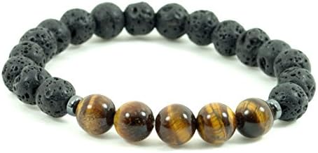 Natural Lava Stone and Semi-Precious Tiger Eye Crystal Reiki Healing Balancing Beaded Bracelet 8mm