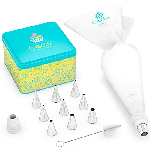 CukkiCakes Professional Icing Tips Set (12pcs) Reusable Pastry Bag + 9