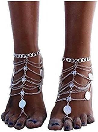 SAYLAVE 2PCS Vintage Ankle Chain Beach Coin Anklets Foot Tassel Jewelry Ankle Bracelets Silver