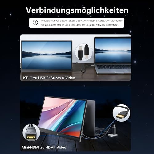 Portable Monitor 15,6" 1080P FHD IPS, USB-C & Mini HDMI Tragbarer Externer Bildschirm, Ultraleichter Reise-Gaming-Monitor mit Standfuß & Lautsprechern, für Laptop/PC/Mac/PS3/PS4/PS5/Xbox, Schwarz