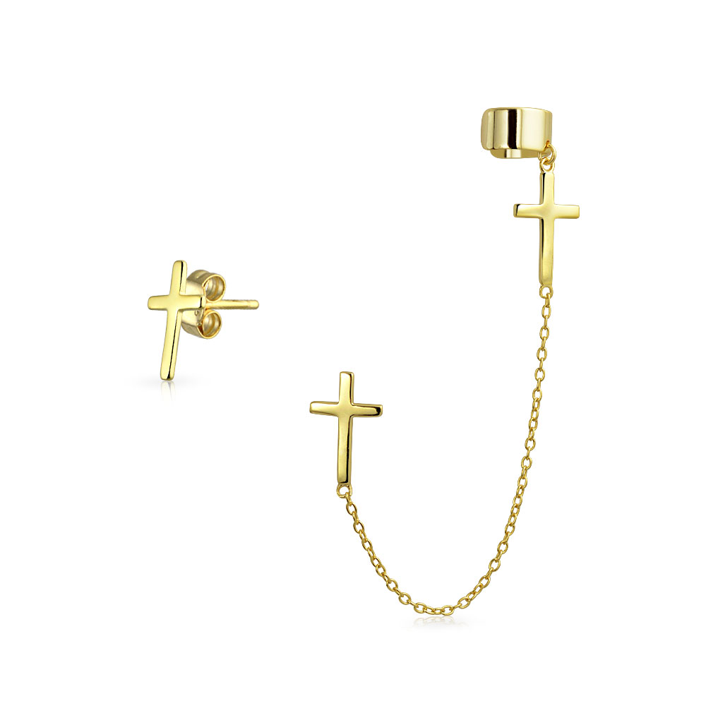 Religious Cross Ear Lobe Cartilage Earring Clip On Helix Linear Long Wrap Chain Ear Cuff Stud Earring Set Gold Plated .925 Sterling Silver — image 1