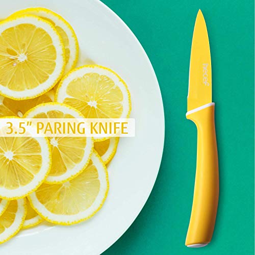 Hecef Colorful Knife Set with Covers,Non-stick Stainless Steel Blade with PP Handle, Includes 8\'\' Chef, 8\'\' Slicing, 8\'\' Bread, 8\'\' Fork, 5\'\' Utility and 3.5\'\' Paring Knife (multi-color)