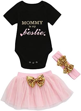 Tanhangguan 3Pcs Baby Girl Clothes Mommy is My Bestie Letter Print Romper and Tutu Skirt and Headband Outfits