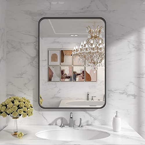 LOAAO Black Metal Framed Bathroom Mirror for Wall, 22X30 Inch Rounded Rectangle Mirror, Matte Black Bathroom Vanity Mirror Farmhouse, Anti-Rust, Hangs Horizontally or Vertically
