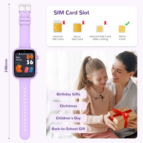 AIMIUVEI 4G Smartwatch Bambini con Chiamate, Videochiamate, Chat Vocale, WiFi, GPS, SOS, SMS, Impermeabile IP68, modalità Scuola e Contapassi, Schermo HD da 1.83'' Viola