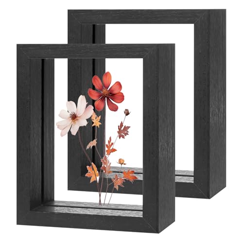 M METERXITY 2-Pack Wooden Pressed Flower Frame, 3 x 4 Inch Double Acrylic Floating Picture Frame for Dried Flowers/Tabletop/DIY/Handicrafts [Black]