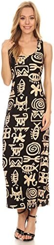 TJ CLOTHES Womens Tribal Symbols Printed Knit Tank Dress With Scoop Neckline and Racerback Detail(SD950-19B) (One Size, Black/Beige)