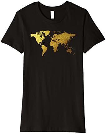 Womens Gold Map t-shirt, world map, traveling, adventure, vacation Medium Black