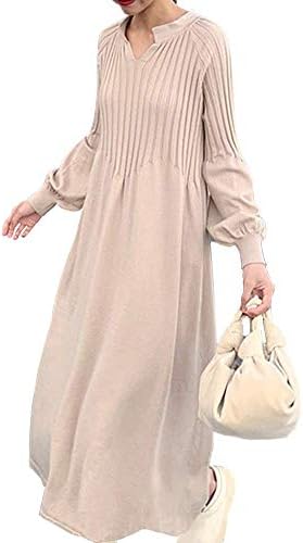 Newne Women’s V-Neck Volume Balloon Sleeve Knit Long Dress S-XL