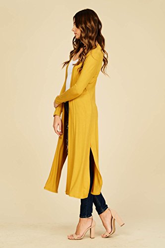Annabelle Women's Comfy Long Sleeve Open Front Side Slit Duster Cardigan With Pockets Mustard Medium T1163B